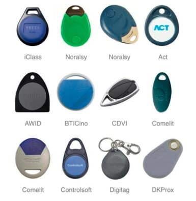 A collection of keyfobs including HID Proximity, HID iClass, Indala, EM, Comelit, BTicino, Motorola, and AWID, showcasing versatile duplication services.